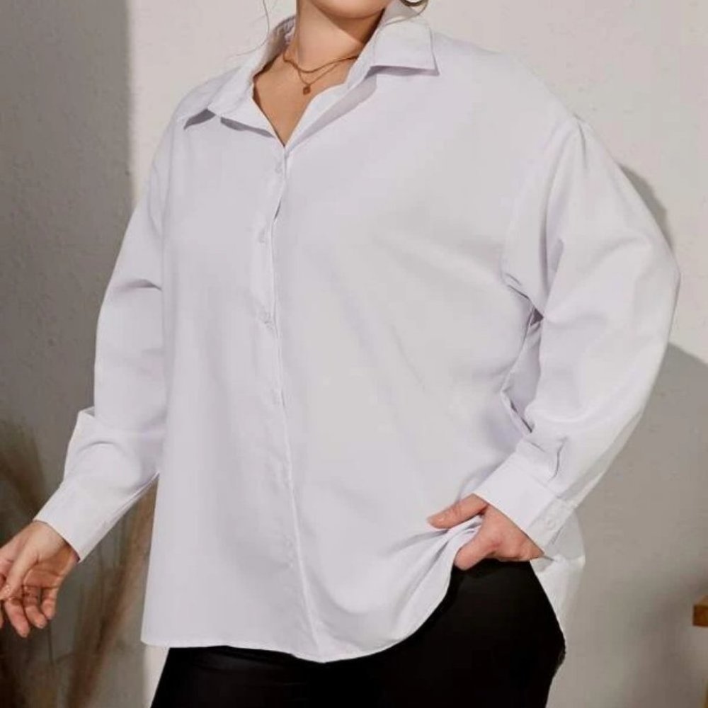 White Button up Boyfriend Collar Open split back shirt blouse - Picture 6 of 10